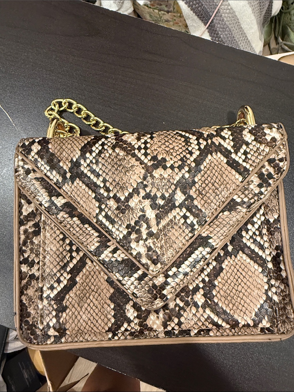 Snake-Print Envelope Crossbody Bag in Taupe